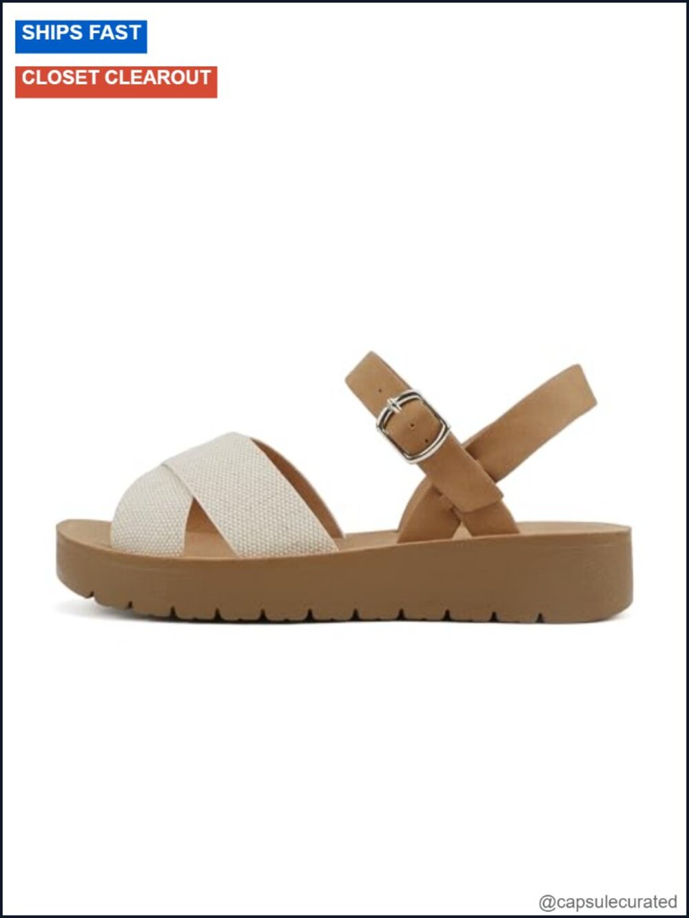 Flat Sandals Platform Ankle Buckle Criss Cross Straps Vegan Leather